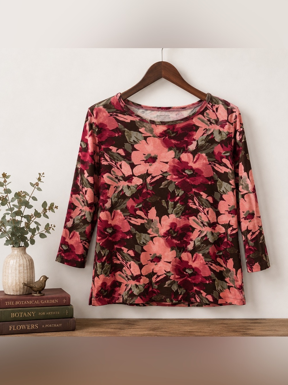 Watercolor Floral Cotton Knit Top Pink Brown Cottagecore M